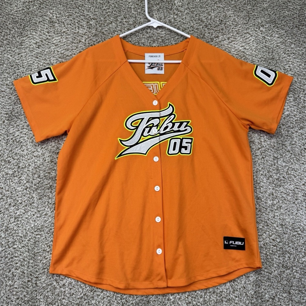 FUBU 05 x Forever 21 Baseball Jersey Womens Size Large Stitched Orange Button Up